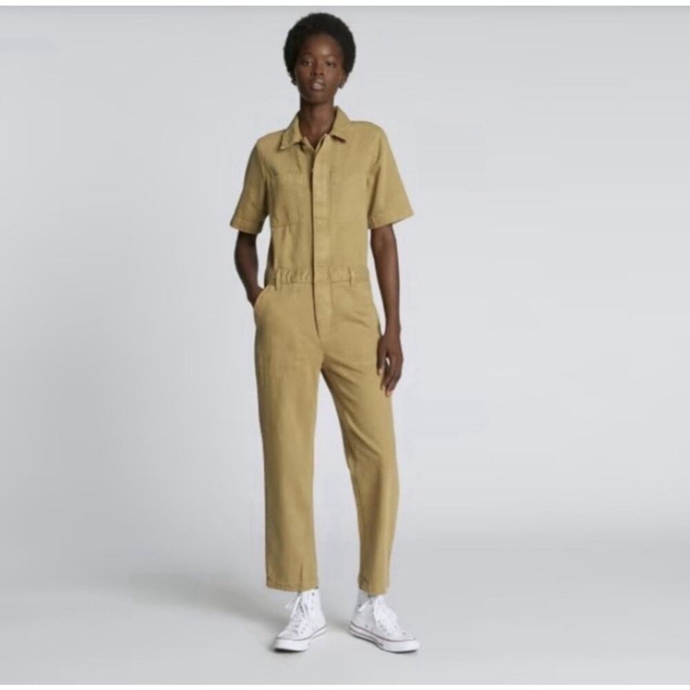 Everlane Japanese GoWeave Essential Jumpsuit Ochre Tan V-Neck Wide Leg 10